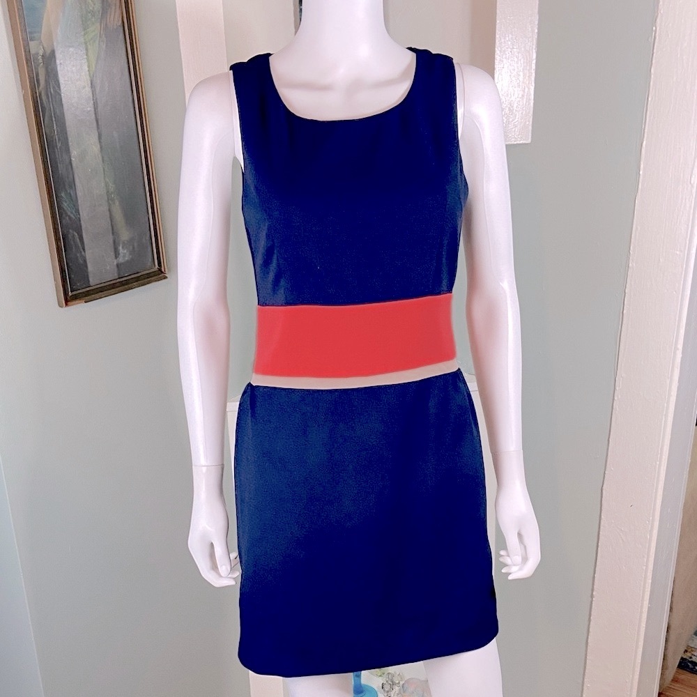 C Luce Navy Coral Orange Mini Sheath Dress Work Office Small S Two Tone Tank